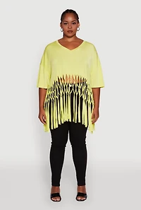 Womens Plus Macrame Fringe Tunic Top, Yellow,