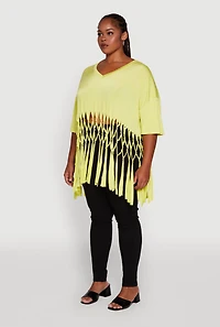 Womens Plus Macrame Fringe Tunic Top, Yellow,
