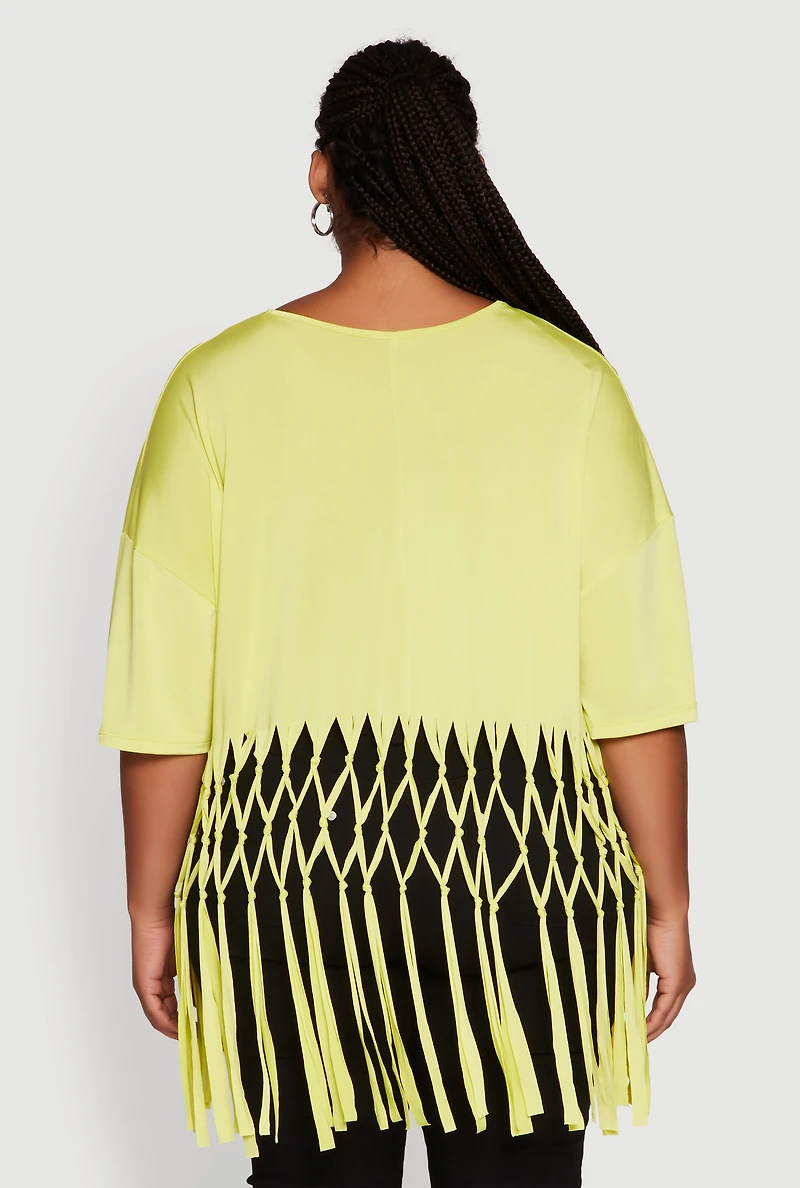 Womens Plus Size Macrame Fringe Tunic Top, Yellow, Size 2X