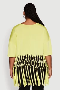 Womens Plus Size Macrame Fringe Tunic Top, Yellow, Size 2X