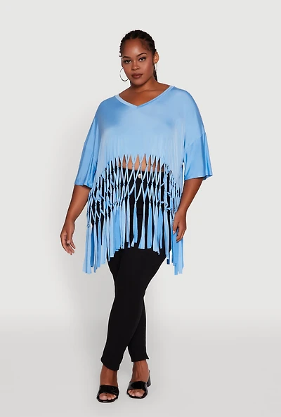 Womens Plus Macrame Fringe Tunic Top,