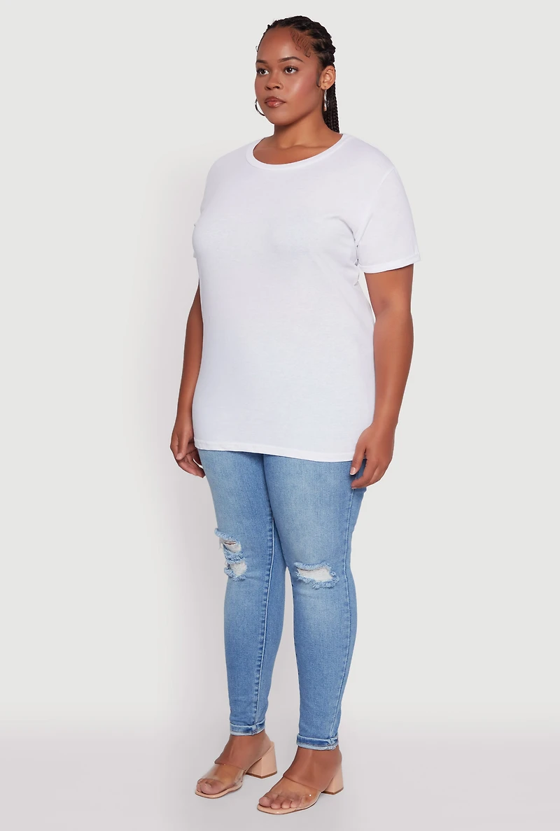 Womens Plus Size Crew Neck Short Sleeve T-Shirt, White, Size 1X