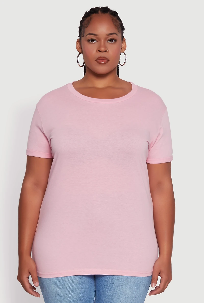 Womens Plus Size Crew Neck Short Sleeve T-Shirt, Pink, Size 2X