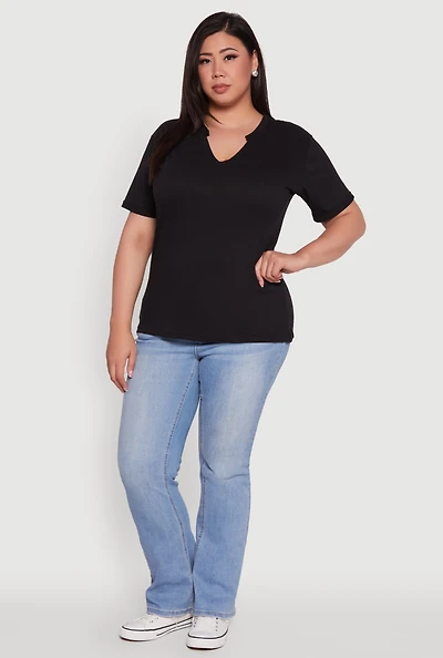 Womens Plus Basic Fixed Cuff Notch Neck Tee,