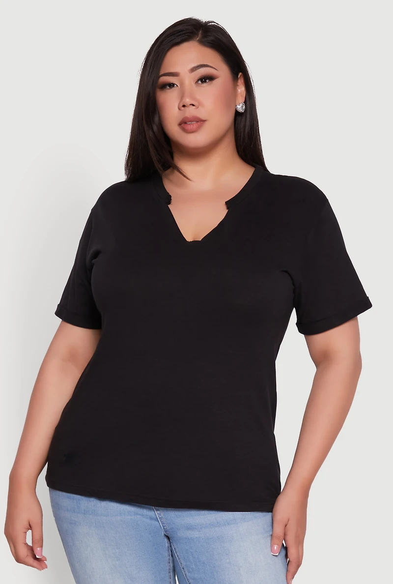 Womens Plus Size Basic Fixed Cuff Notch Neck Tee, Black, Size 3X