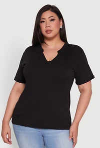 Womens Plus Size Basic Fixed Cuff Notch Neck Tee, Black, Size 3X