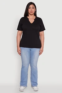 Womens Plus Basic Fixed Cuff Notch Neck Tee,