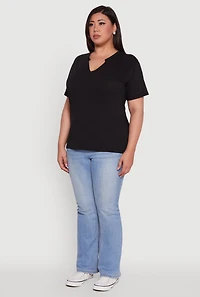 Womens Plus Size Basic Fixed Cuff Notch Neck Tee, Black, Size 3X