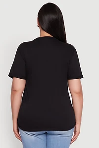 Womens Plus Size Basic Fixed Cuff Notch Neck Tee, Black, Size 3X
