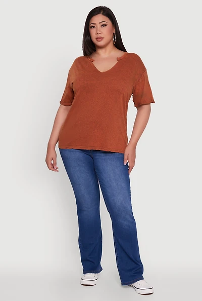Womens Plus Basic Fixed Cuff Notch Neck Tee,