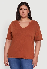 Womens Plus Basic Fixed Cuff Notch Neck Tee,
