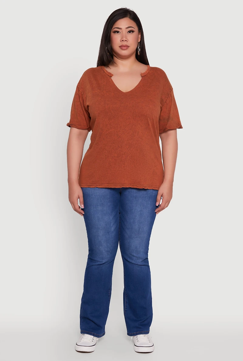 Womens Plus Size Basic Fixed Cuff Notch Neck Tee, Brown, Size 3X
