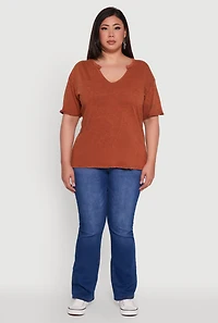 Womens Plus Size Basic Fixed Cuff Notch Neck Tee, Brown, Size 3X