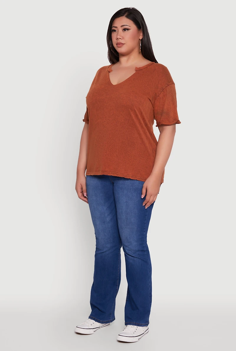 Womens Plus Size Basic Fixed Cuff Notch Neck Tee, Brown, Size 3X