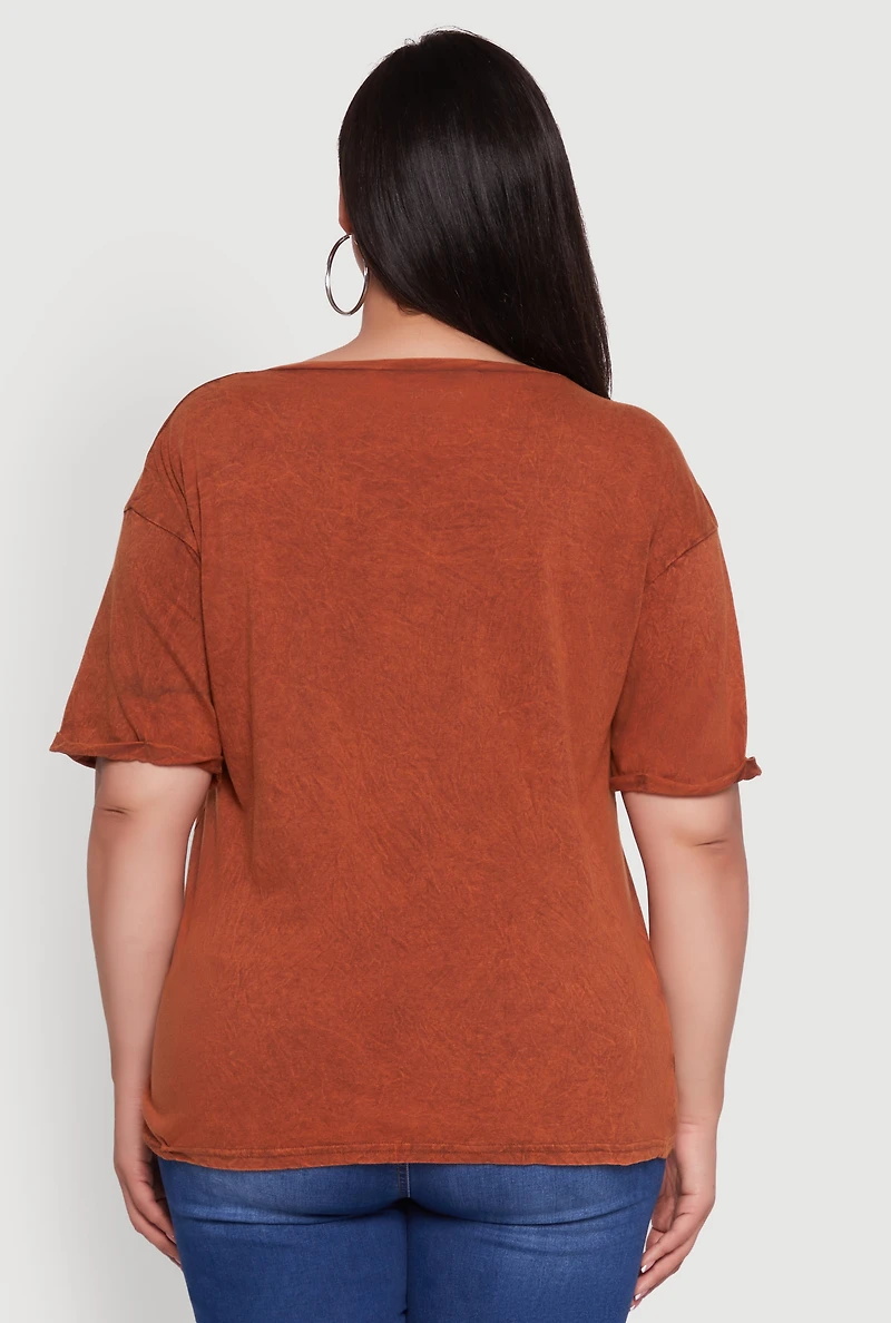Womens Plus Size Basic Fixed Cuff Notch Neck Tee, Brown, Size 3X
