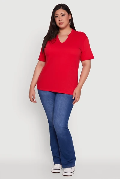 Womens Plus Basic Fixed Cuff Notch Neck Tee,