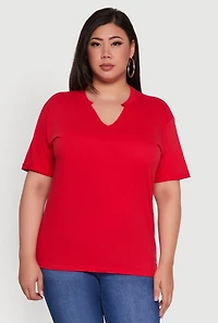 Womens Plus Basic Fixed Cuff Notch Neck Tee, 1X