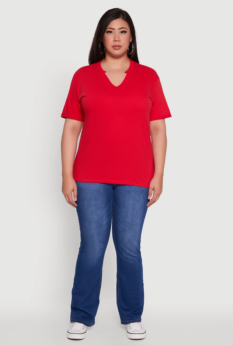 Womens Plus Basic Fixed Cuff Notch Neck Tee, 2X