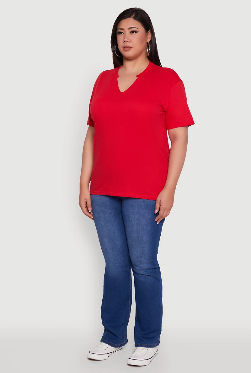 Womens Plus Basic Fixed Cuff Notch Neck Tee, 2X