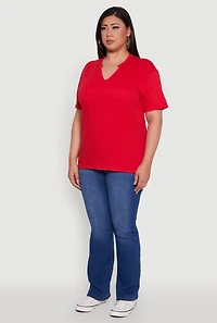Womens Plus Basic Fixed Cuff Notch Neck Tee, 1X