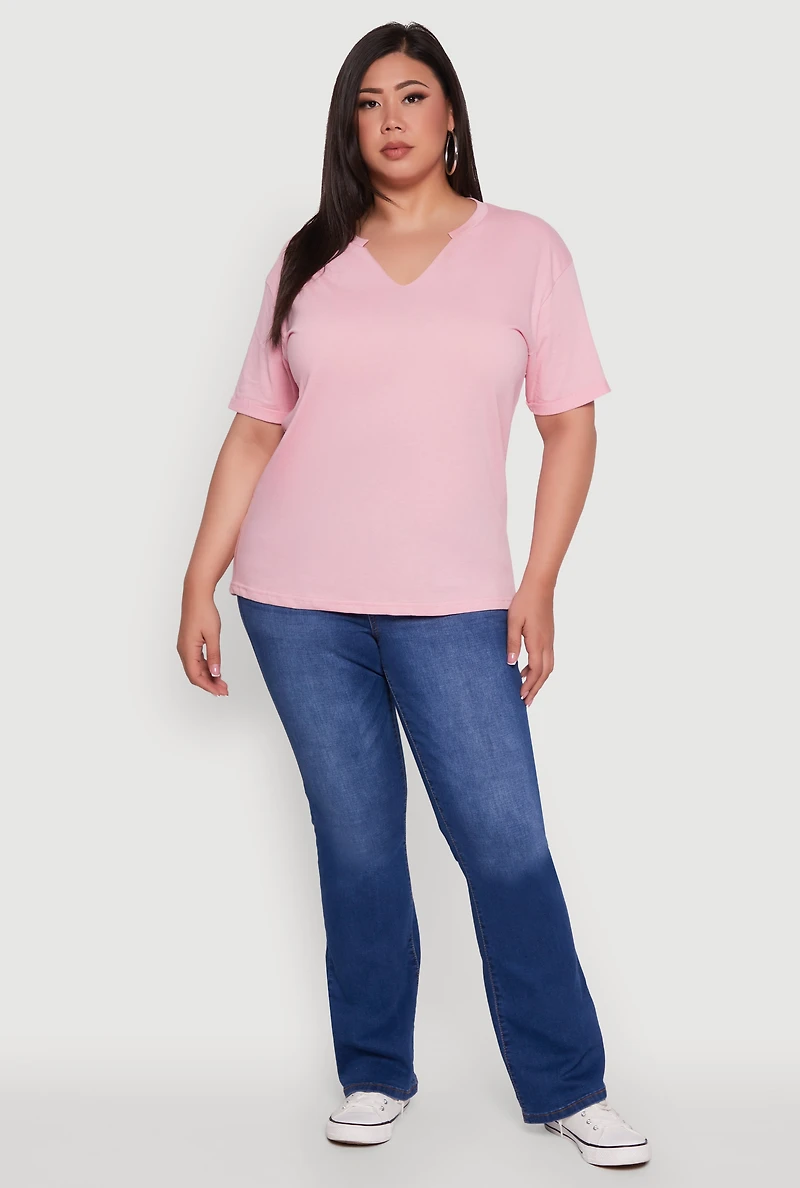 Womens Plus Basic Fixed Cuff Notch Neck Tee,