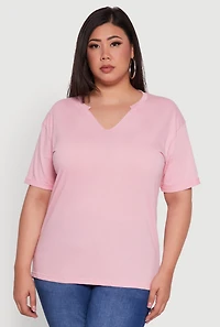 Womens Plus Basic Fixed Cuff Notch Neck Tee,