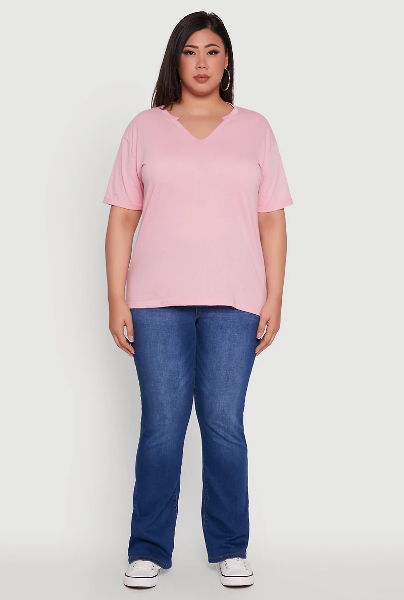 Womens Plus Basic Fixed Cuff Notch Neck Tee,