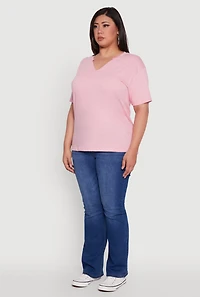 Womens Plus Basic Fixed Cuff Notch Neck Tee,