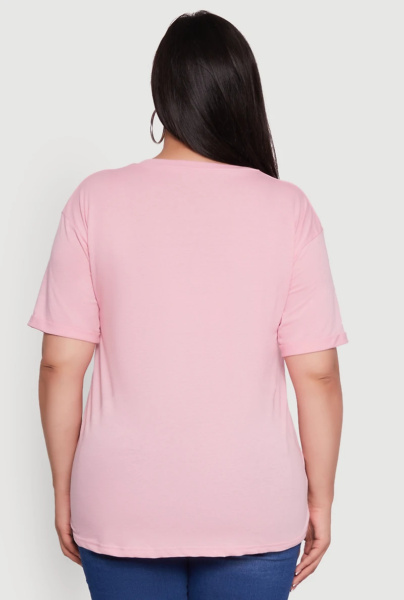 Womens Plus Basic Fixed Cuff Notch Neck Tee,