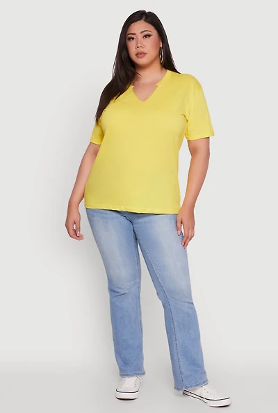 Womens Plus Size Basic Fixed Cuff Notch Neck Tee, Yellow, Size 1X