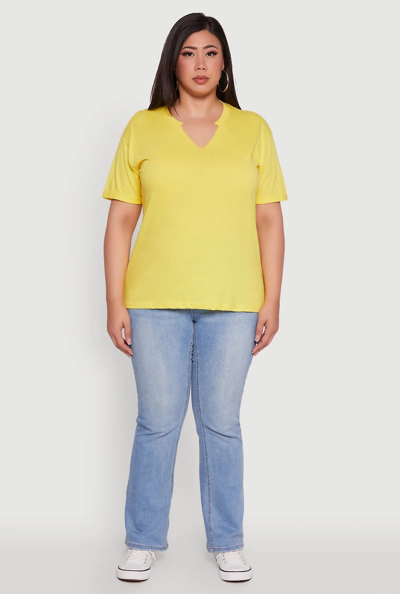 Womens Plus Size Basic Fixed Cuff Notch Neck Tee, Yellow, Size 1X