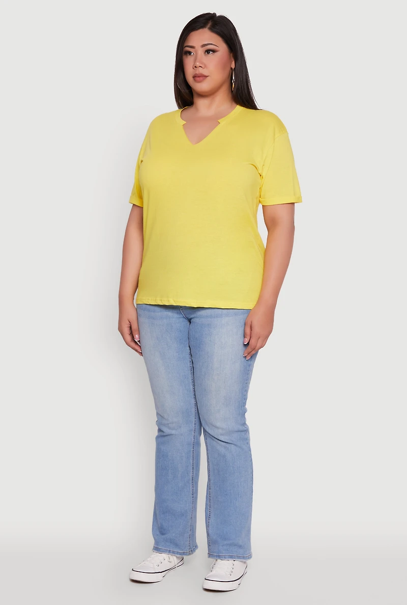 Womens Plus Size Basic Fixed Cuff Notch Neck Tee, Yellow, Size 1X