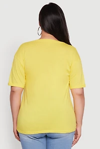 Womens Plus Size Basic Fixed Cuff Notch Neck Tee, Yellow, Size 1X