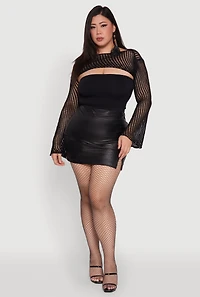Womens Plus Size Stylish Crochet Bell Sleeve Bolero Top, Black, Size 1X