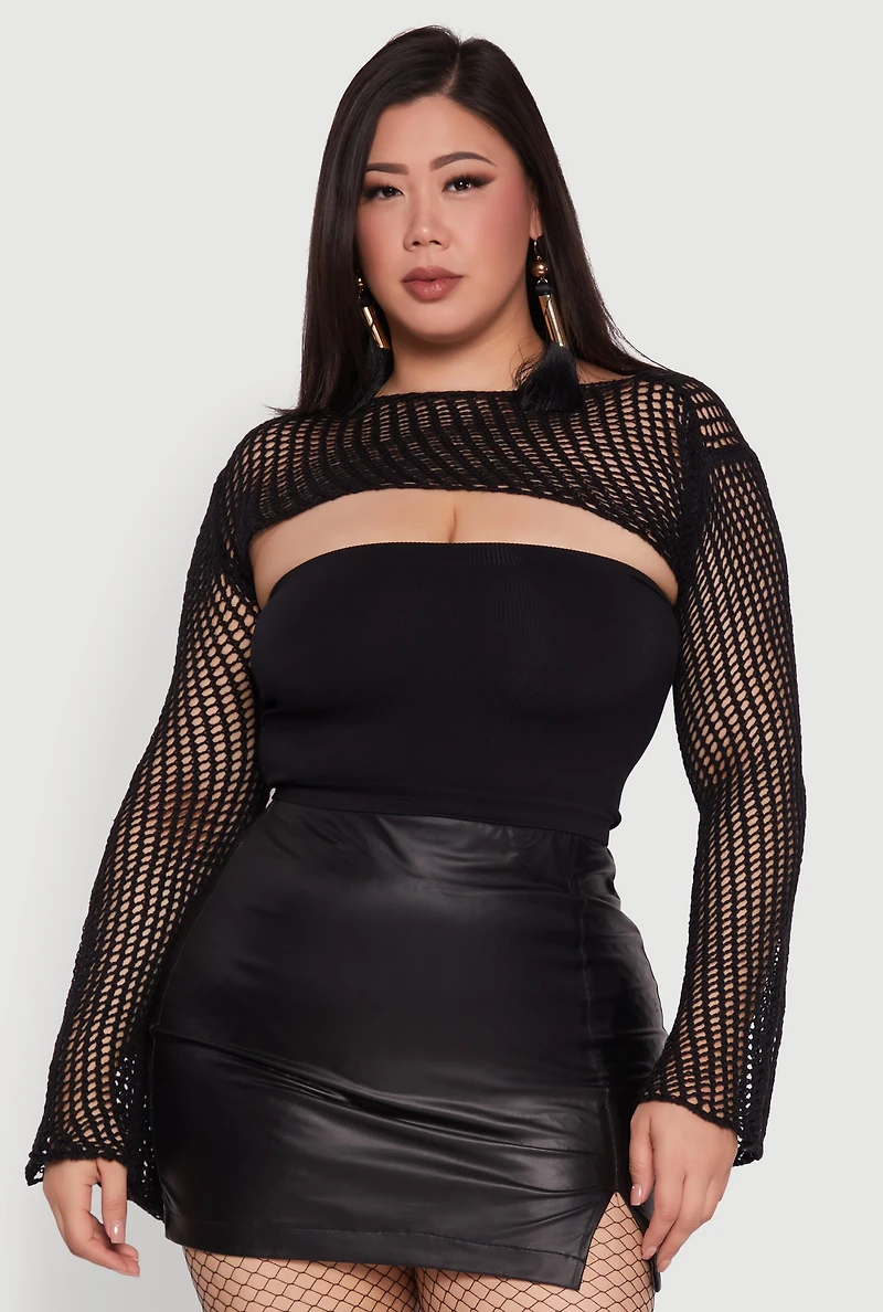 Womens Plus Size Stylish Crochet Bell Sleeve Bolero Top, Black, Size 1X