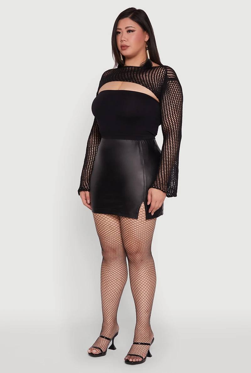 Womens Plus Size Stylish Crochet Bell Sleeve Bolero Top, Black, Size 1X