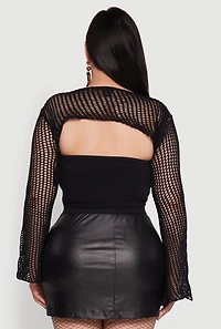 Womens Plus Size Stylish Crochet Bell Sleeve Bolero Top, Black, Size 1X