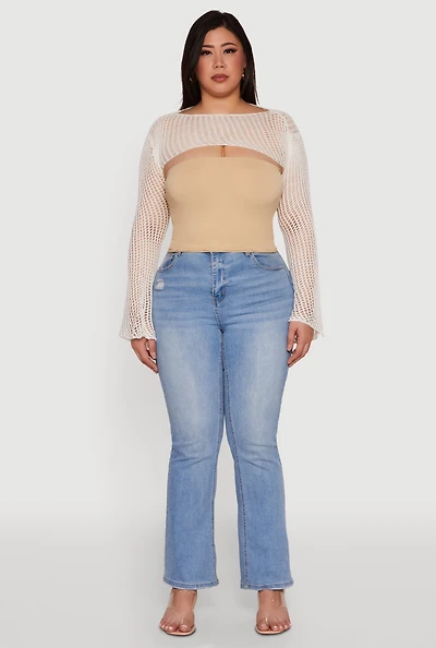 Womens Plus Size Stylish Crochet Bell Sleeve Bolero Top, White, Size 2X