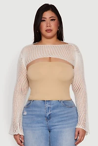 Womens Plus Size Stylish Crochet Bell Sleeve Bolero Top, White, Size 2X