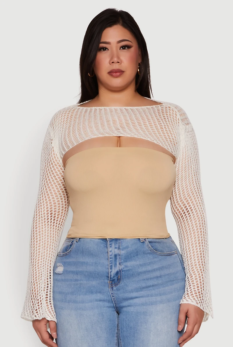 Womens Plus Size Stylish Crochet Bell Sleeve Bolero Top, White, Size 3X