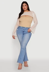 Womens Plus Size Stylish Crochet Bell Sleeve Bolero Top, White, Size 2X
