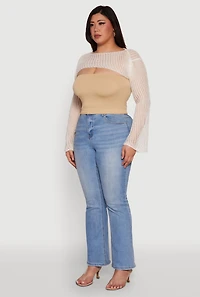 Womens Plus Size Stylish Crochet Bell Sleeve Bolero Top, White, Size 2X