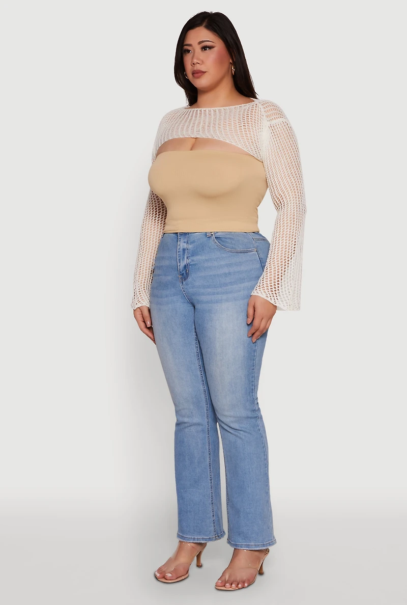 Womens Plus Size Stylish Crochet Bell Sleeve Bolero Top, White, Size 3X