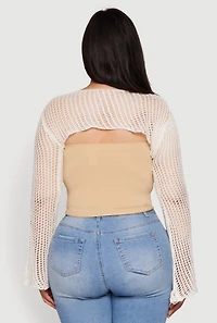 Womens Plus Size Stylish Crochet Bell Sleeve Bolero Top, White, Size 2X