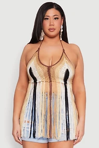 Womens Plus Tassel Fringe Crochet Halter Top, Multi,