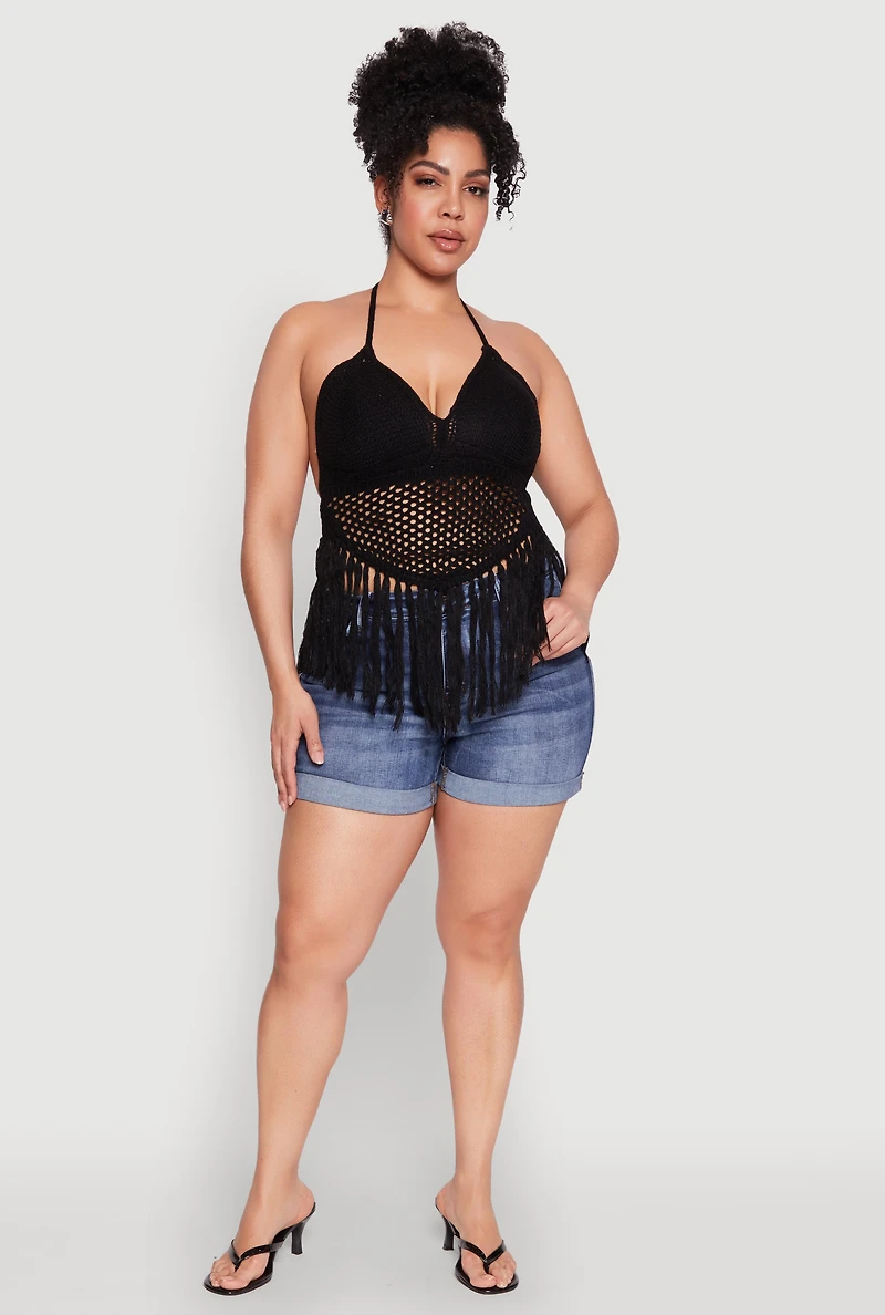 Womens Plus Size Tie Back Crochet Fringe Halter Top, Black, Size 1X