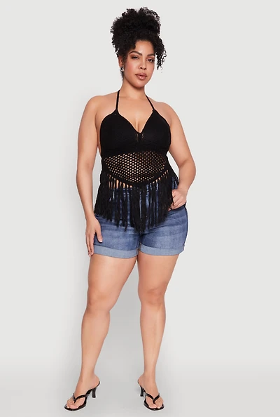 Womens Plus Size Tie Back Crochet Fringe Halter Top, Black, Size 1X