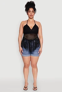 Womens Plus Tie Back Crochet Fringe Halter Top, 2X