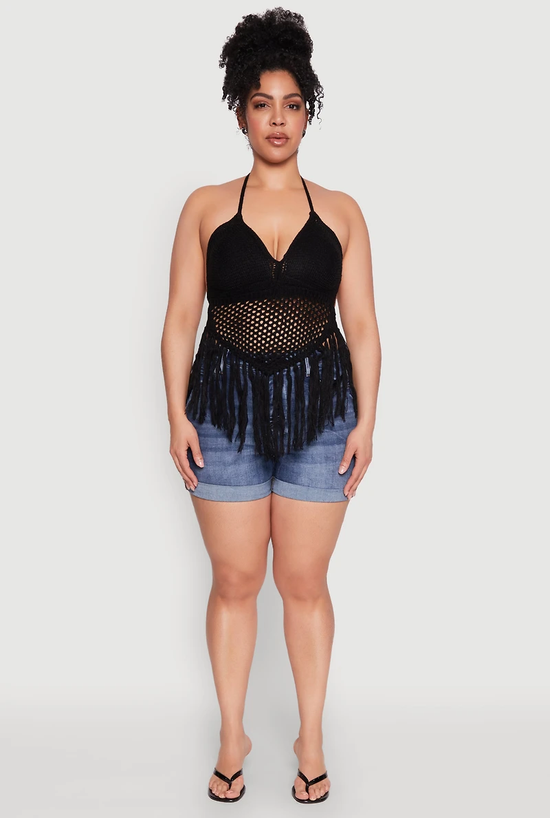 Womens Plus Size Tie Back Crochet Fringe Halter Top, Black, Size 1X