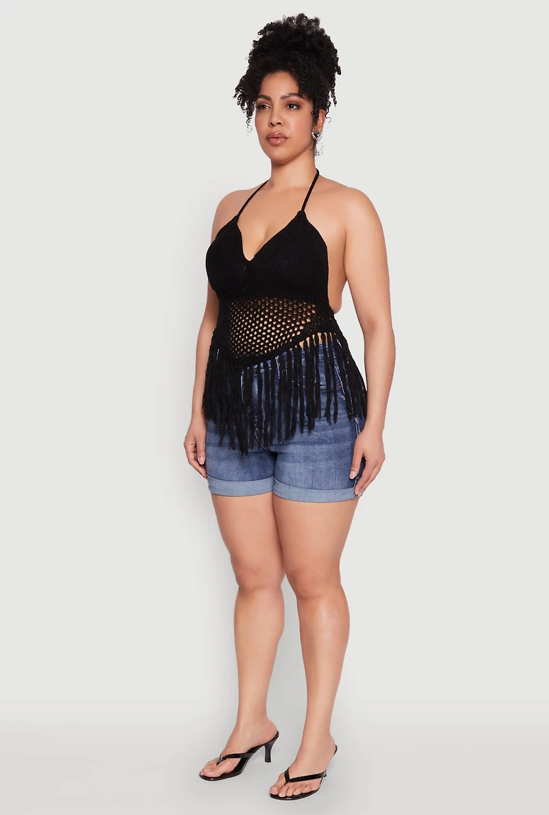 Womens Plus Size Tie Back Crochet Fringe Halter Top, Black, Size 1X